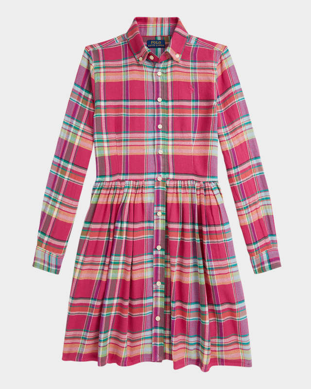 Girl's Cotton Plaid Shirtdress, Size 7-14